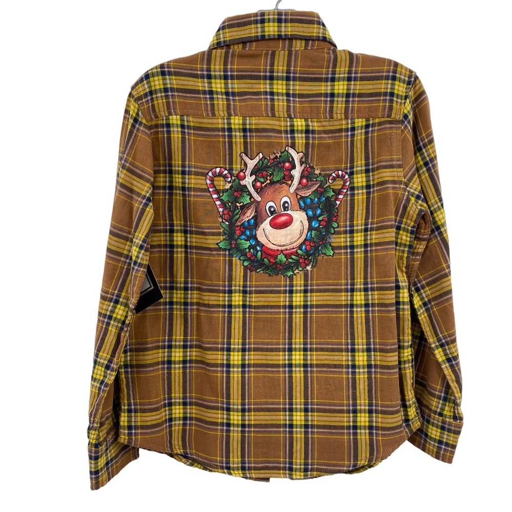 Boys Plaid handmade Christmas button front shirt size 8 reindeer brown